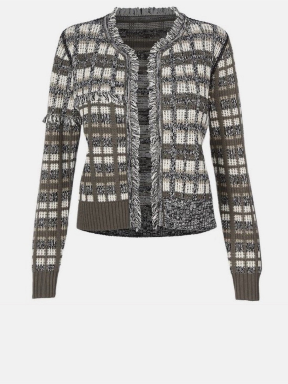 Cabi Classic Cardigan Open Front Fringe Stripe Brown EUC M